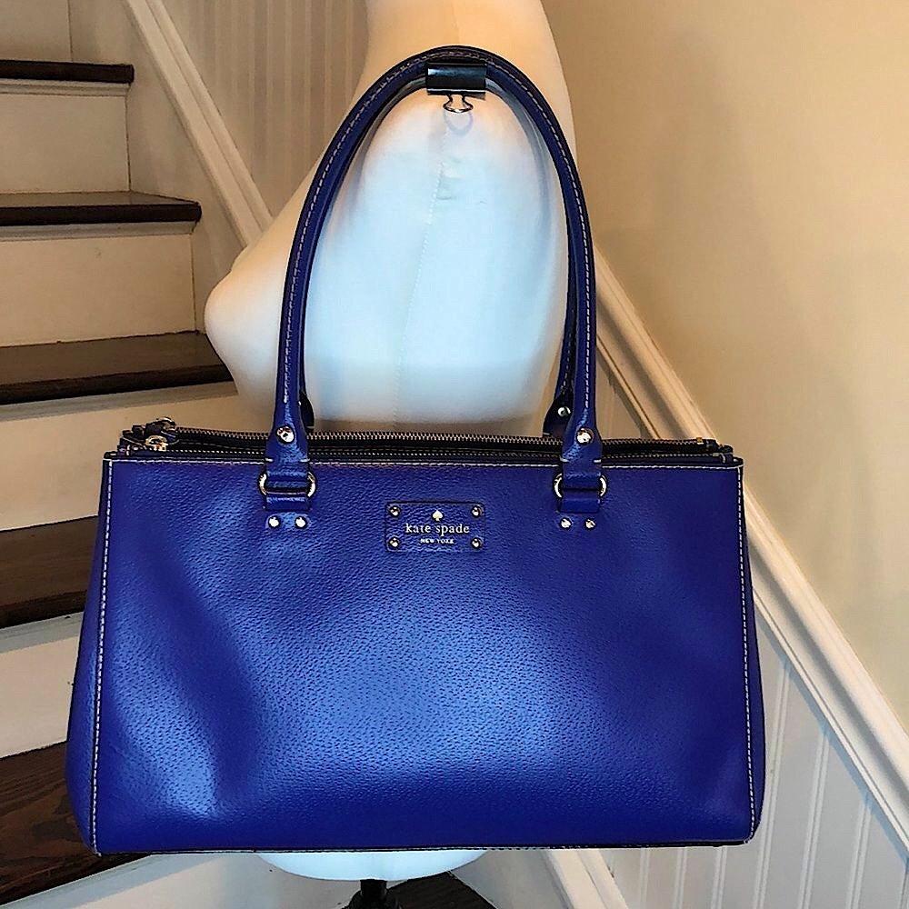 KATE SPADE Cobalt Blue Leather Satchel Tote Shoulder Bag with Three Sections